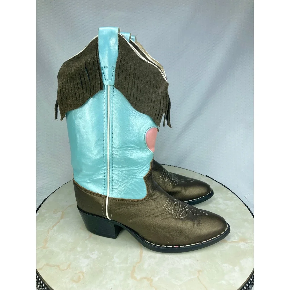 Old West Fringe Leather Western Boots Youth Sz 4.5 Turquoise Bronze Cowboy Rodeo
